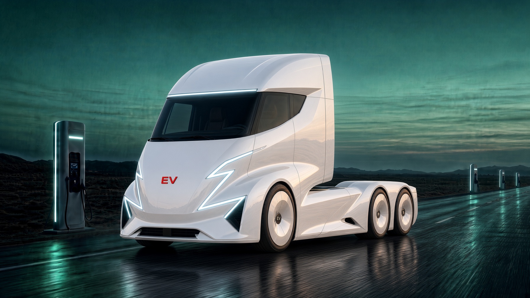 Electric Semi charging plaza at night