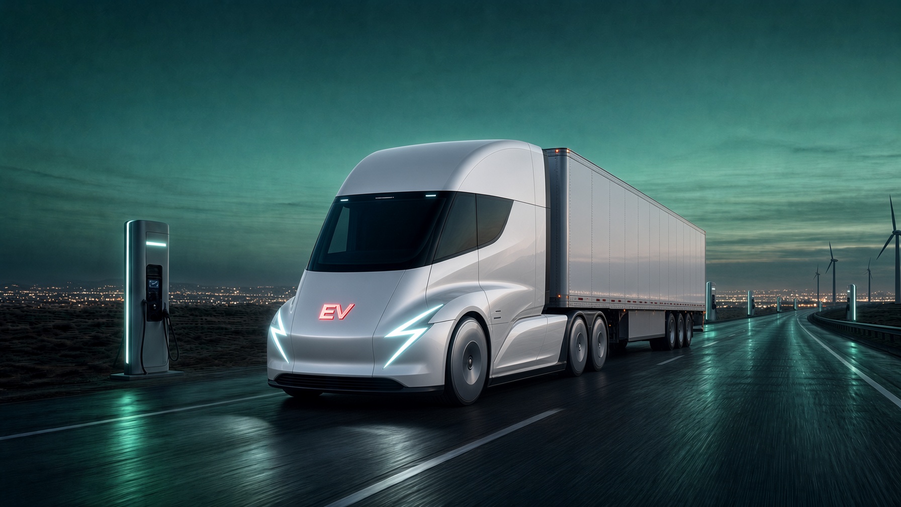 Electric Semi on a night highway